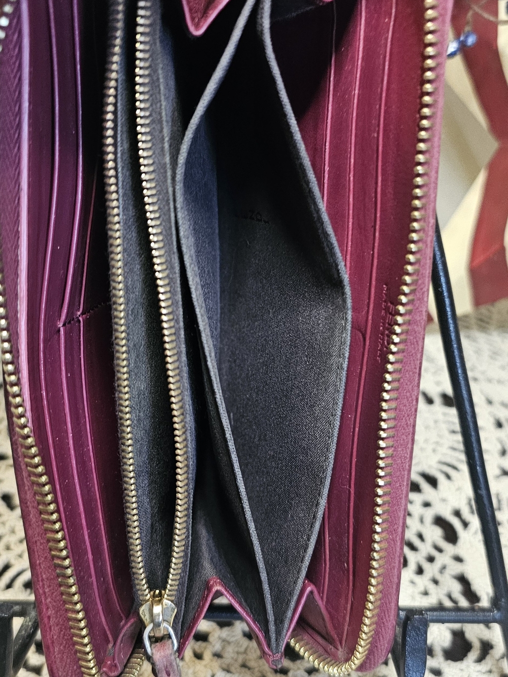 Fendi Striped Canvas Zip-Around Wallet with Burgundy Leather Trim - Picture 9 of 10